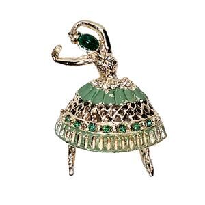 Vtg Green Lady Ballerina Pin Brooch Dancer Beautiful Rhinestones Unbranded